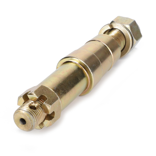 A brass-colored metallic cylindrical component with threaded ends and hexagonal nuts, typically used in industrial or mechanical applications, can also be found as the Massey Ferguson - Shaft Lift Arm Cat1 - 181229M5 by AGCO in Massey Ferguson 100 Series tractor assemblies.