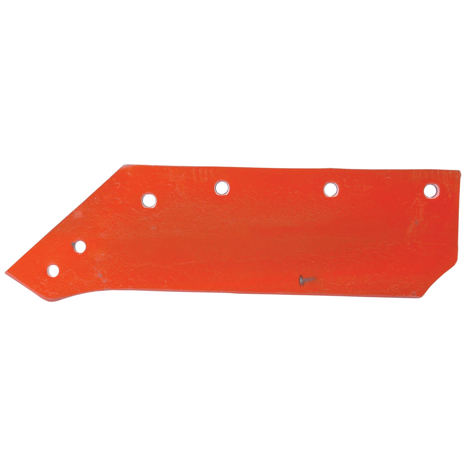 A Share - LH, 14'' (355mm) red flat metal plate by Sparex, featuring a slanted edge and five circular holes arranged in a line along the top, compatible with Kverneland fasteners.