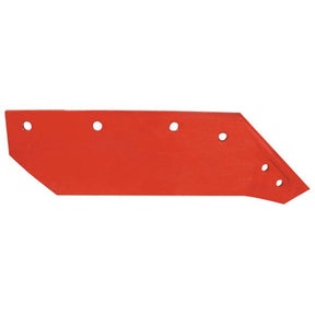 A red metal plate with a pointed end and several evenly spaced holes, compatible with Kverneland KK63013, known as the Share - RH, 12'' (305mm) by Sparex (Sparex Part No.S.127570).