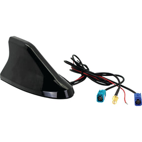 A black Sparex Shark Fin Antenna (Sparex Part No. S.151442) with attached cables and connectors is displayed against a white background, designed for FM/DAB/GPS reception.