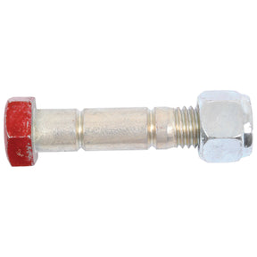 A metallic, threaded Sparex Shear Bolt - 5/8'' x 86mm with a hexagonal head and a red-painted tip on one end, and a nut attached to the other end. It is commonly used in Dowdeswell 900486 assemblies or paired with a 25mm leg for DP8 equipment.