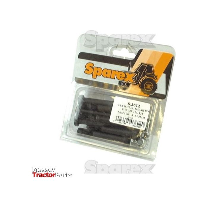 A packaged set of four black Sparex shear bolts, labeled "S.3612" and known as "Shear Bolt - Imperial," designed for Massey Tractor parts. The bolts, with high tensile strength, are displayed in a transparent plastic casing.