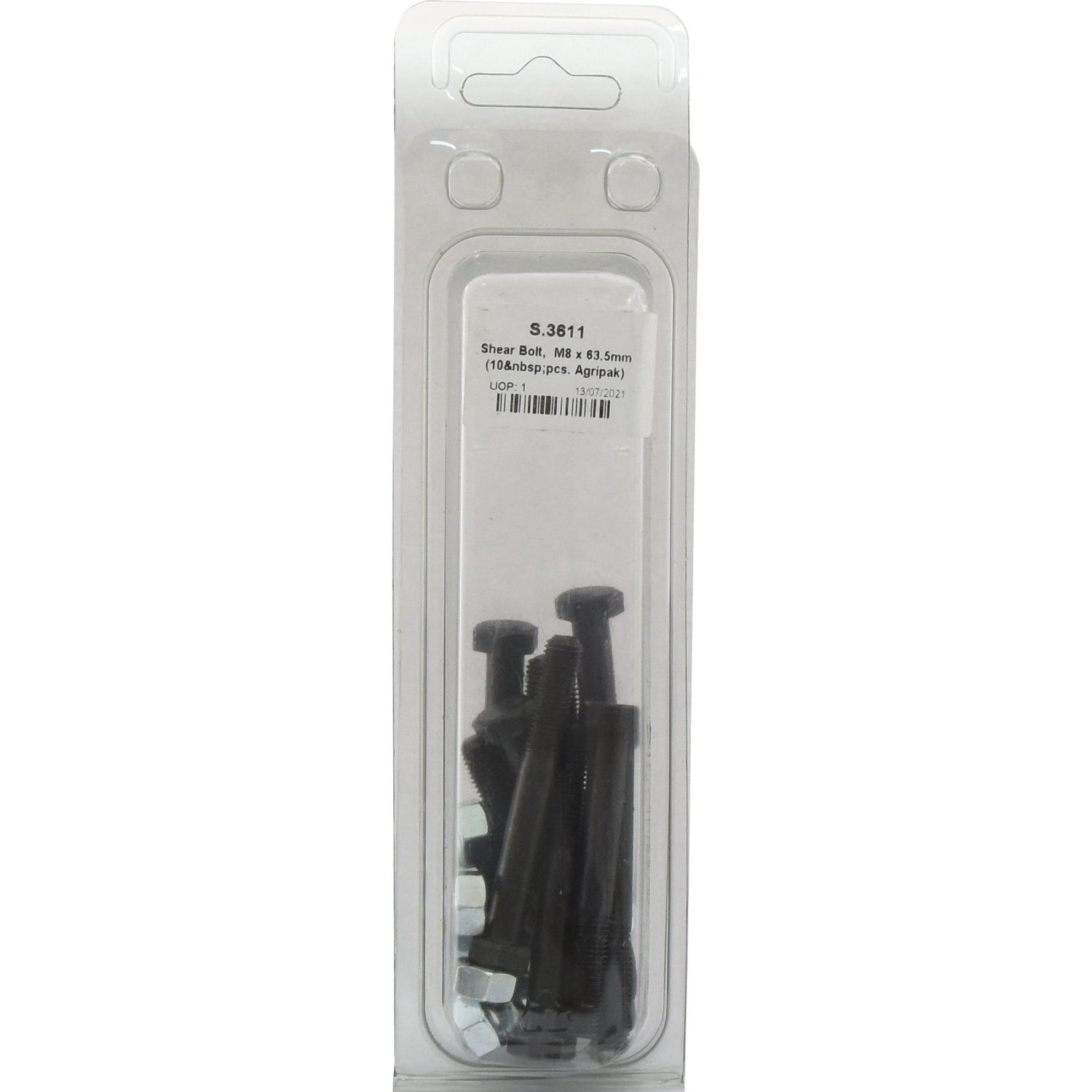 A clear plastic package containing several black bolts with attached nuts, labeled "Shear Bolt - Imperial | Sparex Part No. S.3611 (10/packs)" — perfect for your Massey Ferguson machinery.