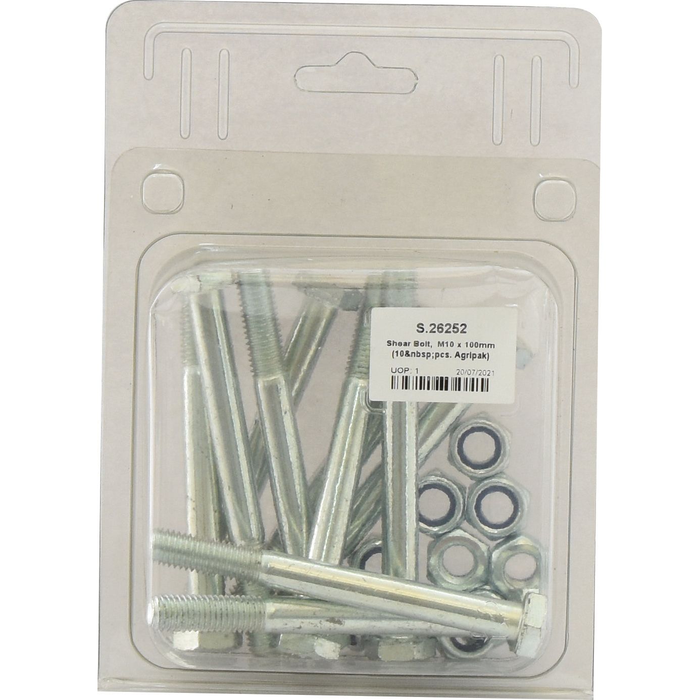 A transparent plastic case labeled with the product code "S.26252" contains ten Sparex Shear Bolts, each measuring M10x100mm and meeting tensile strength 10.9 specifications, along with several metal screws and nuts with metric measurements.