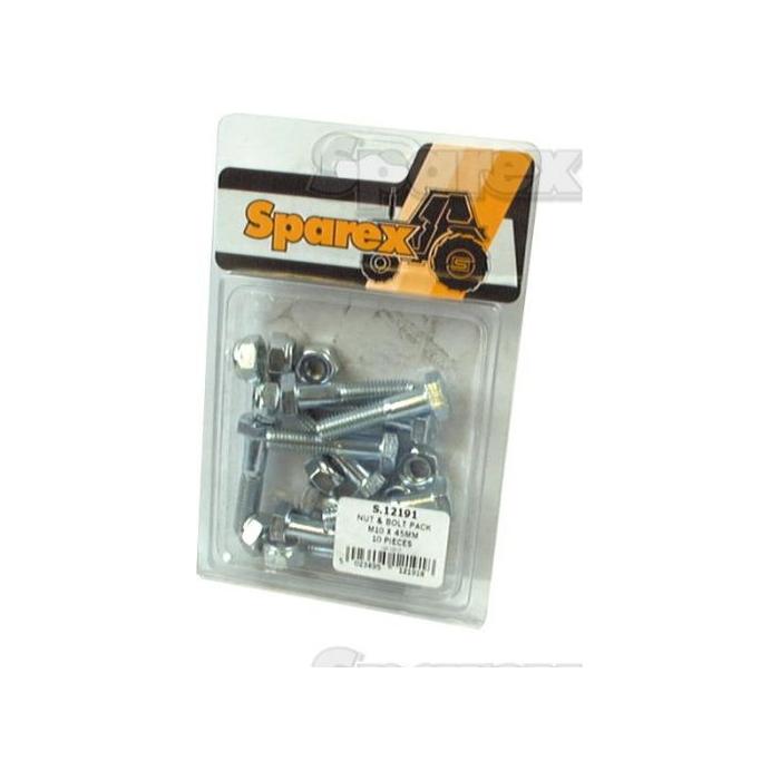 A plastic package labeled "Sparex" containing ten assorted M10 x 45mm shear bolts (S.12191) for Bamford Packer equipment.