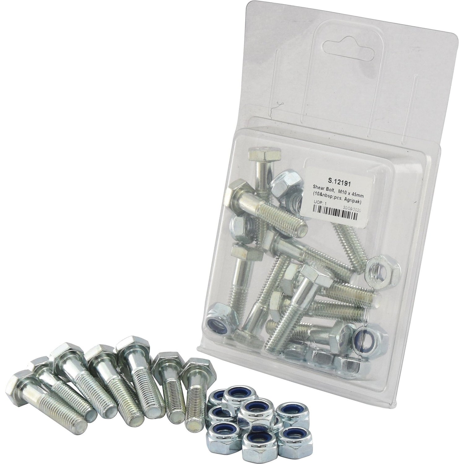 A clear plastic package containing several metal bolts and nuts, with additional Sparex Shear Bolt, M10 x 45mm (10 pcs. Agripak) - S.12191 placed outside next to it.