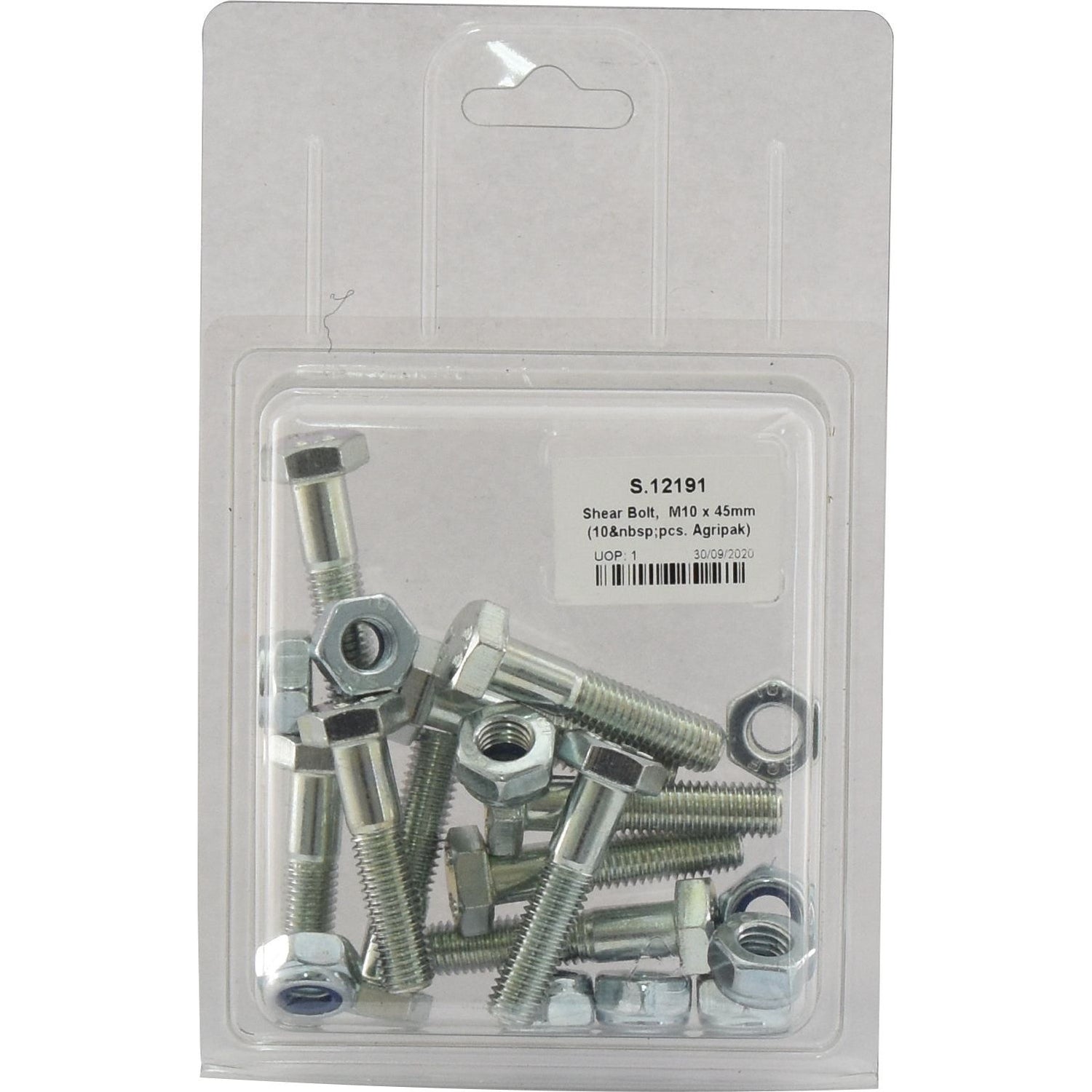 A clear plastic package containing several metal bolts and nuts, labeled "Shear Bolt, M10 x 45mm (10 pcs. Agripak) - S.12191" from the brand Sparex, ideal for Replacement Shear Bolts in Bamford Packer machinery.