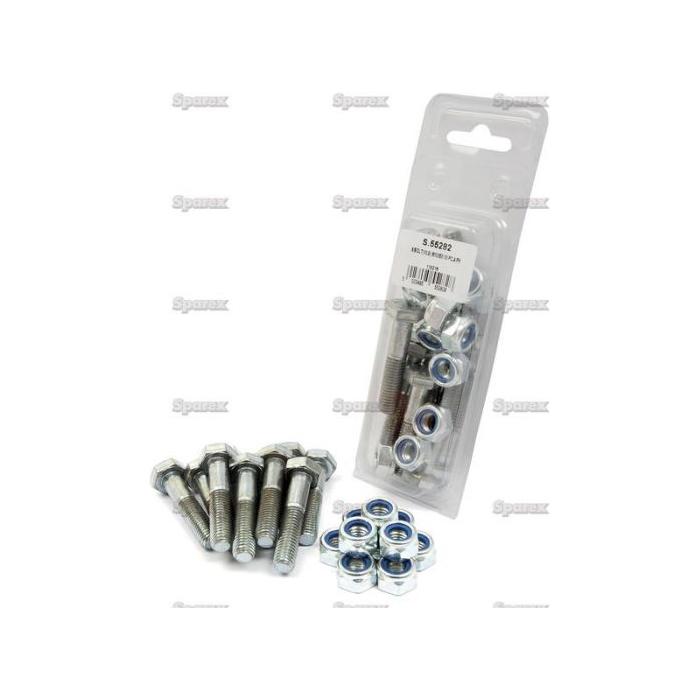 A package of Sparex Shear Bolts, M10x50mm (10 pcs. Agripak) with several loose replacement shear bolts and nuts displayed in front.