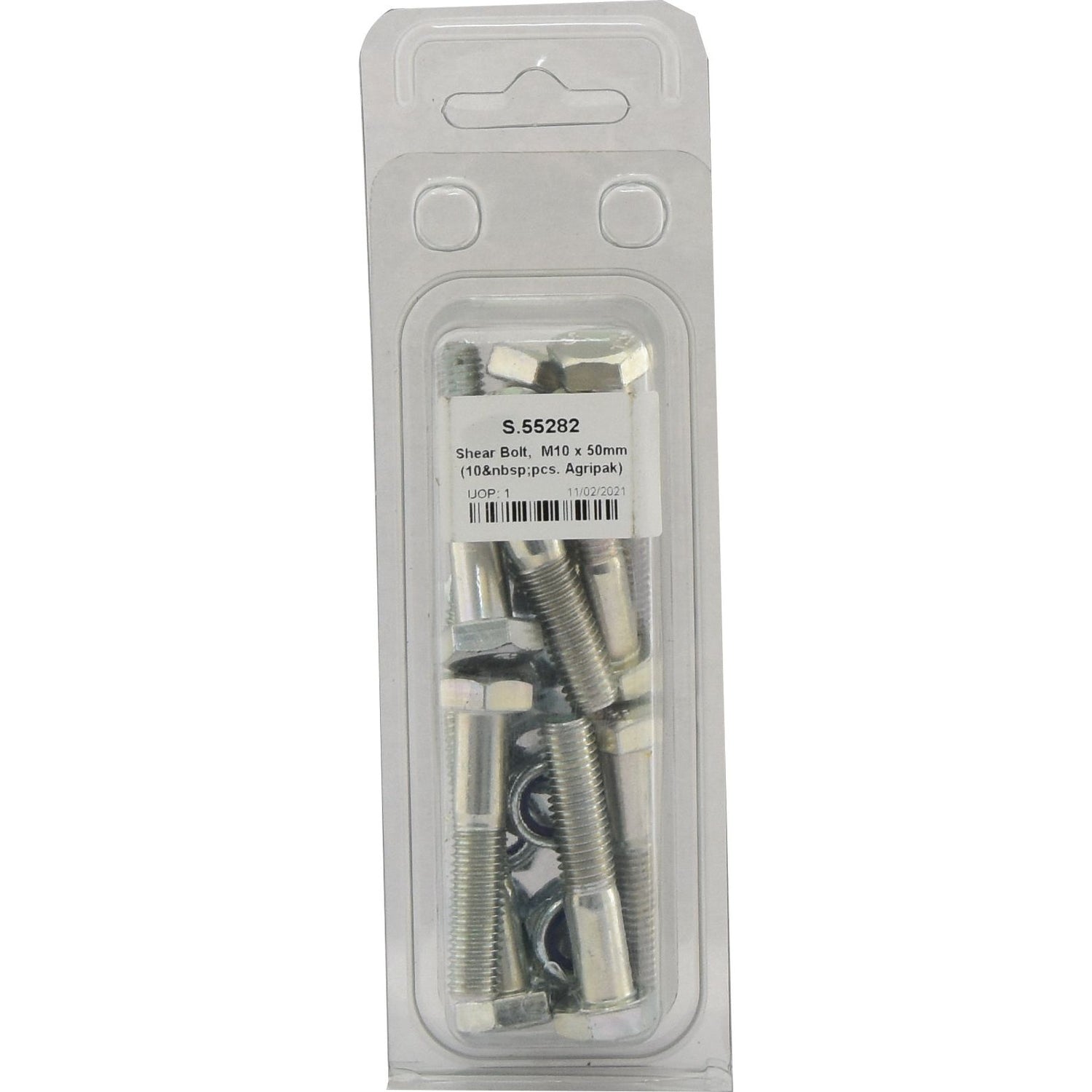 Plastic package containing several replacement shear bolts, labeled "Shear Bolt, M10x50mm (10 pcs. Agripak)" by Sparex Part No.S.55282. The silver metric bolts include washers and nuts.