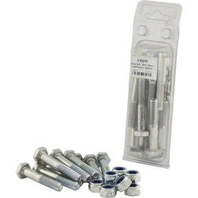 A clear plastic package containing several metallic metric bolts and nuts, labeled as "Shear Bolt, M10x60mm (10 pcs. Agripak)" with Sparex Part No. S.55279 by the brand Sparex. Additional loose bolts and nuts are spread out in front of the package. Perfect for various projects, these components include Sparex shear bolts for added reliability.