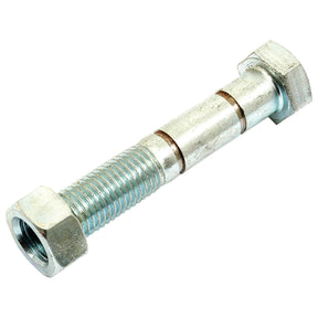A metallic shear bolt, measuring M20mm x 110mm and featuring a matching hex nut threaded onto it. Identified as Sparex Part No. S.22851, this partly threaded steel bolt is perfect for heavy-duty applications like the Cousins Subsoiler or LEVEL LIFT attachments.