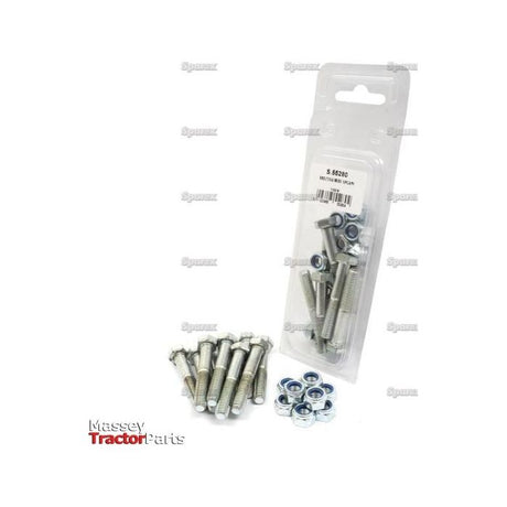 A package of Sparex Shear Bolt, M8x50mm (10 pcs. Agripak) is displayed, with several additional bolts and nuts placed in front of it. The clear packaging features a white label indicating product details, hinting at the quality that Sparex offers through their Agripak range.