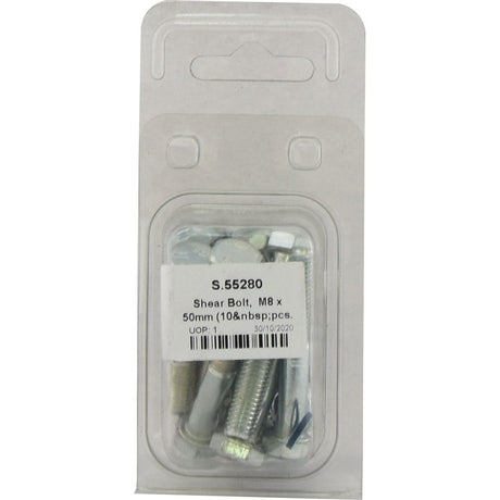 Plastic packaging containing Sparex shear bolts (M8 x 50mm) with a label displaying product code "S.55280" and the quantity of 10 pieces.