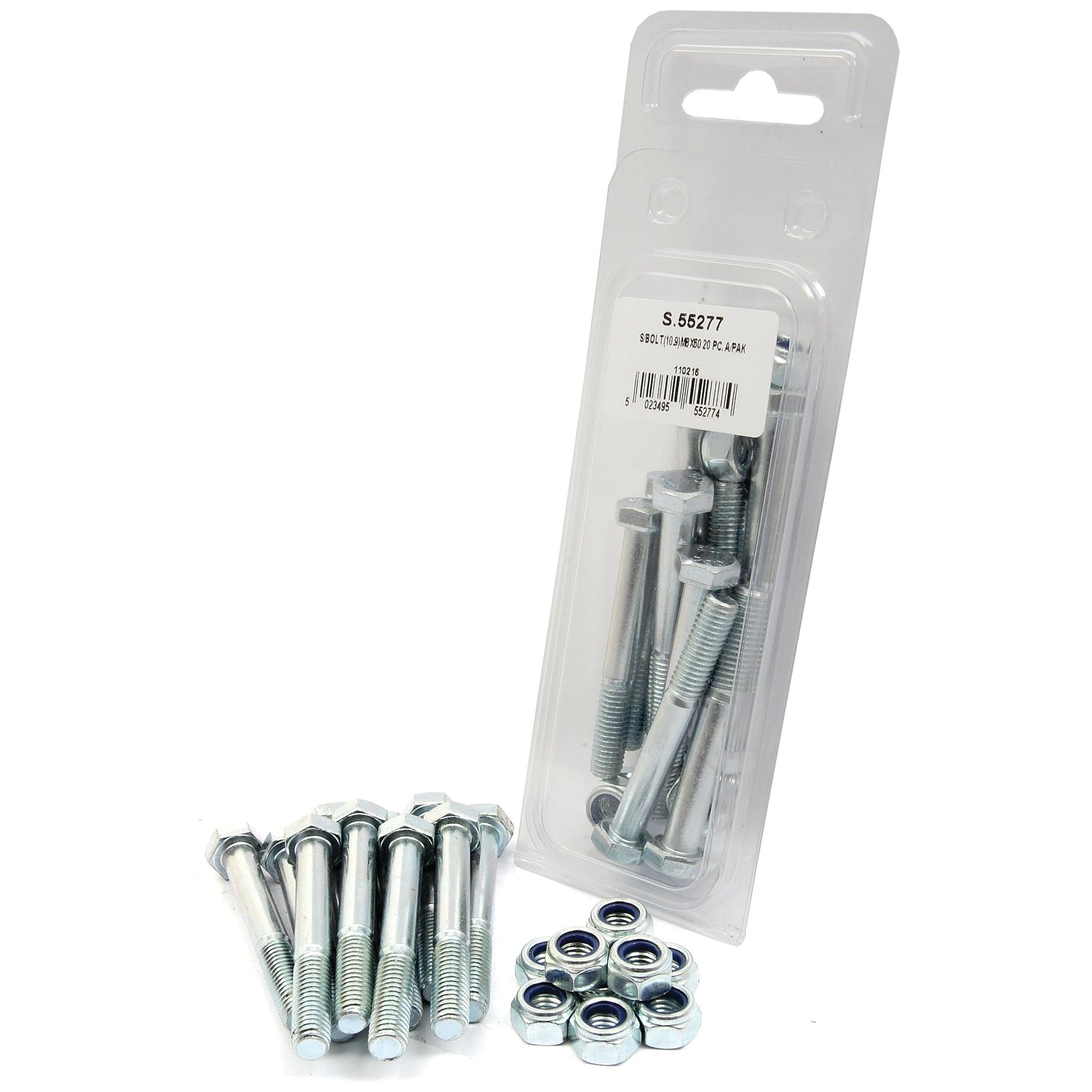A package of "Shear Bolt, M8x60mm (10 pcs. Agripak)" by Sparex (Part No.S.55277) with several additional tensile strength 10.9 bolts and nuts arranged in front. The package has a label with text and a barcode.
