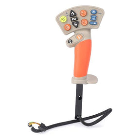 An AGCO Massey Ferguson Shifter, model 6249011M91, featuring an orange handle with a beige grip, multiple colored buttons on its panel, mounted on a metal rod with electrical wiring at the base.