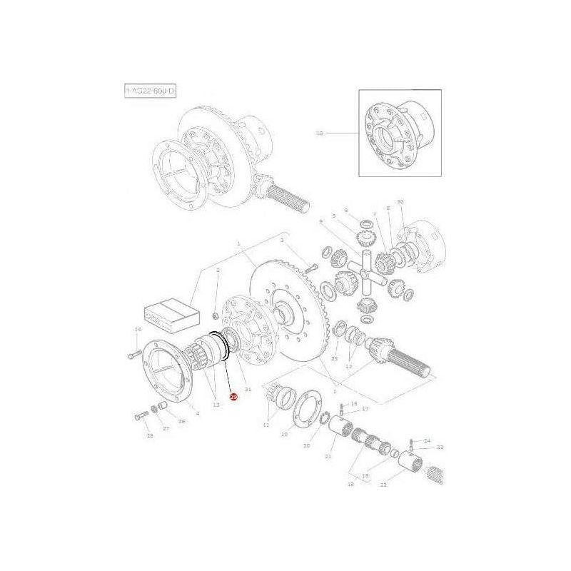 Exploded view diagram of a mechanical assembly for Massey Ferguson models, specifically featuring the Shim Differential (Product Number: 3380042M1) by AGCO. The diagram showcases various components including screws, bolts, and cylindrical parts. Labels and reference numbers are provided for identification of each part.