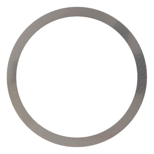 A thin, flat, metallic circular ring with a hollow center rests against a plain white background, reminiscent of the precision found in the Massey Ferguson Shim Differential 3380042M1 by AGCO.