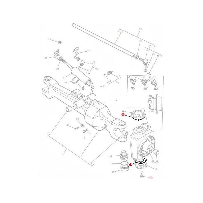 A technical diagram displaying various components of a mechanical system, including labeled parts such as rods, joints, and connectors arranged around a central assembly. This setup is reminiscent of the detailed tractor parts found in the AGCO-produced Massey Ferguson Shim Pivot Cap model 3426230M1 from the 100 Series.