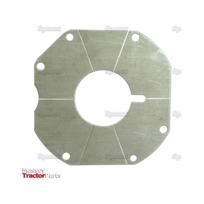 Square metal shim plate with a central circular hole and multiple smaller holes, perfect for tractor parts. Labeled "Massey Ferguson Tractor Parts" and "Sparex". Product Name: Shim Plate | Sparex Part No.S.41575.