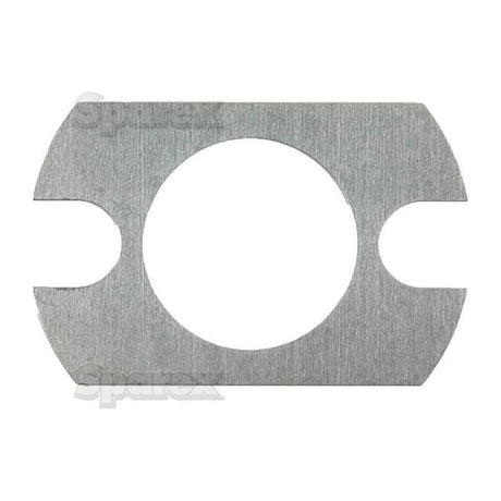 The Shim (Sparex Part No. S.42307) from Sparex is a flat, rectangular metal washer featuring a central circular hole and two semi-circular cutouts on the sides, ideal for use in Massey Ferguson machinery.