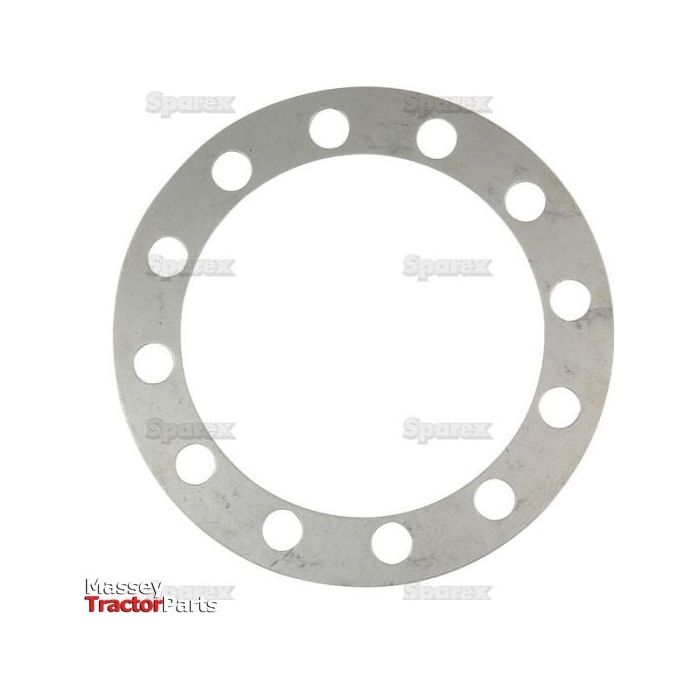 The Shim Washer (Sparex Part No. S.42035) by Sparex is a circular metal washer with ten evenly spaced holes around its circumference, making it ideal for use as a shim in Massey Ferguson machinery.