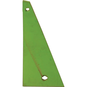 A green metal triangle with two holes, one near the top and one near the bottom, compatible with Vulcan Fasteners.