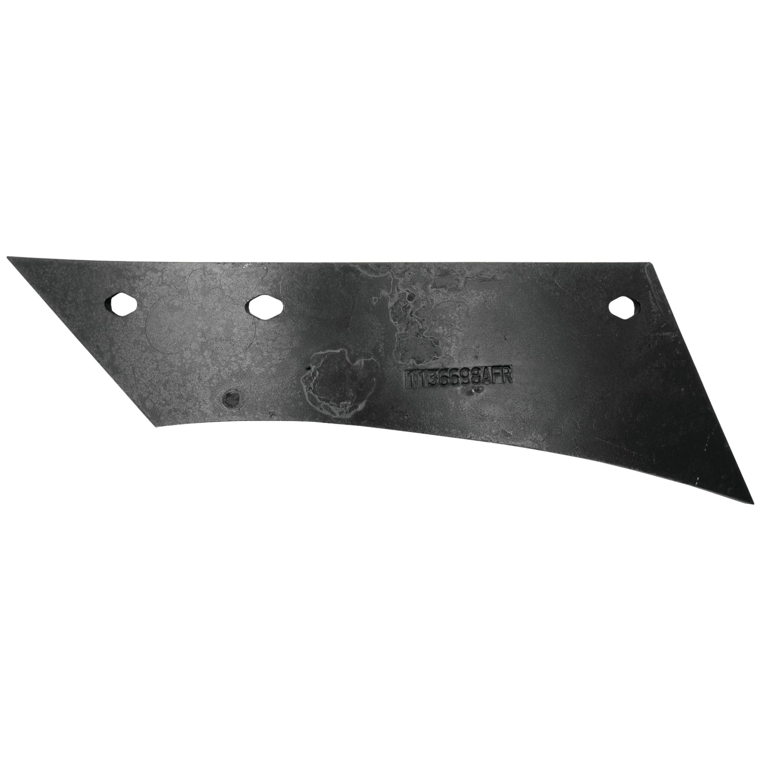 A trapezoidal metal blade with three circular holes and the inscription "Shin - RH (Dowdeswell) To fit as: 1136698 | Sparex Part No.S.127490" in the center, resembling a Dowdeswell shin from Sparex.
