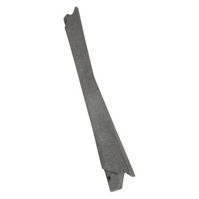 The Sparex S.77955 Shin replacement is a long, thin, flat metal bracket with a slightly tapered and angled design, featuring a hole near one end. It is ideal for Ransomes equipment and perfectly fits as PBB5612 shin replacement.