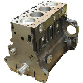 A clean, metallic Short Engine: A4.248 - S.43967 from Sparex features three visible cylinder bores, a 6 Bolt Balancer Unit, and various machined openings and mounting points.