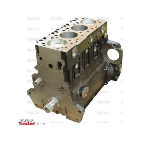Image of a Sparex Short Engine: A4.248 - S.43967 for Massey tractors, featuring four cylinder bores, a 6 Bolt Balancer Unit, and various mounting points. The lip seal ensures durability and performance. The logo "Massey Tractor Parts" appears in the bottom left corner.