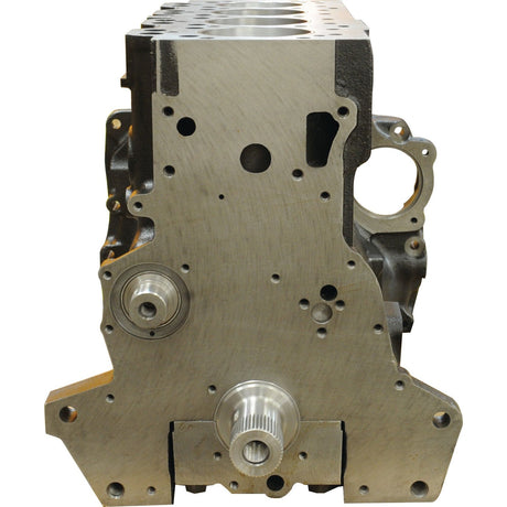 The Sparex Short Engine A4.248 (S.43967) is a metallic engine block featuring various circular openings and protruding rods, designed to house 4-cylinder engine components. Its surface includes machined holes for attachment and assembly, along with spaces for a 6 Bolt Balancer Unit and lip seal integration.