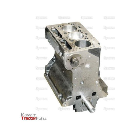 A metallic Short Engine: AD3.152 - S.43766 from Sparex, featuring visible cylinders and holes, is marked with "Supan" watermarks and a "Massey Tractor Parts" logo in the bottom left corner, showcasing a 3 Cylinder Engine configuration.