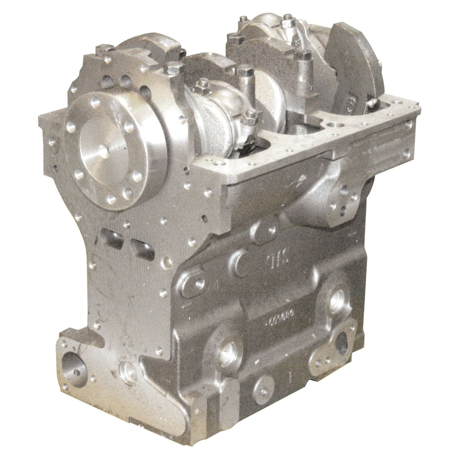 The Sparex Short Engine: AD3.152 - S.43766 is a precisely machined metal engine block featuring interconnected chambers and surfaces, engineered specifically for a 3-cylinder engine, and seamlessly integrating a lip seal for enhanced performance.