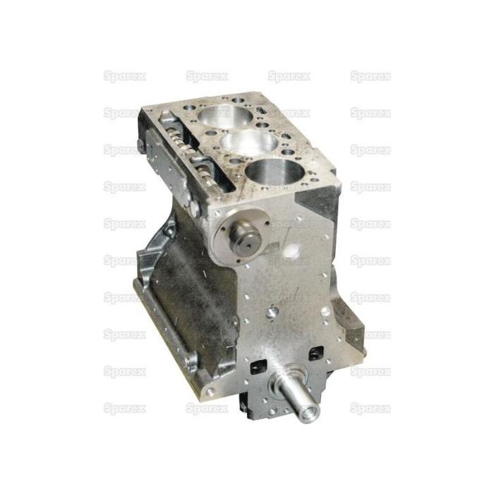 Image of a metallic engine block, identified as the Sparex Short Engine: AD3.152 - S.43814, with visible cylinders and mounting points standing upright against a white background. This precisely engineered block is designed to fit the Perkins A3.152 or AD3.152 models and features areas for rope seal installation.
