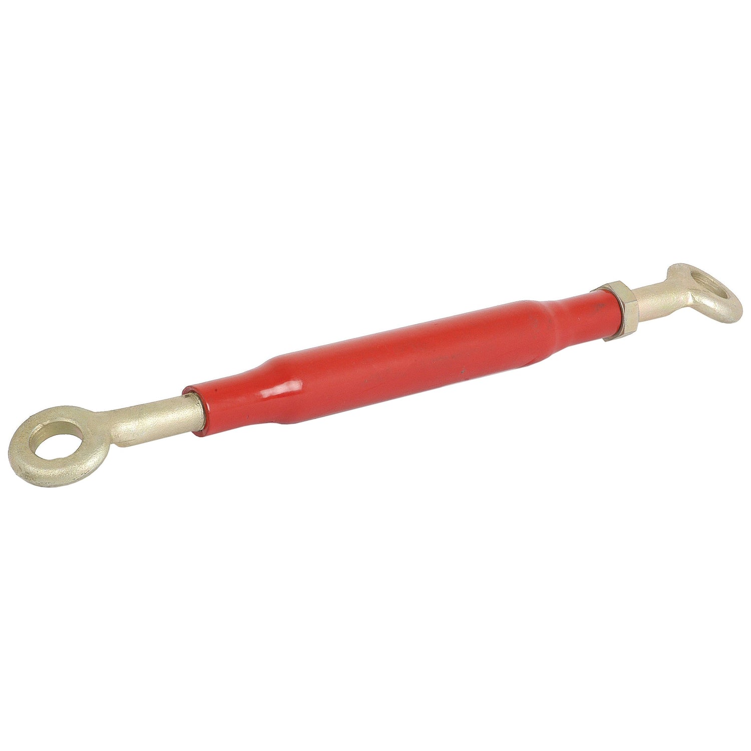 The Short Stabiliser Bar - S.185 by Sparex is a metallic turnbuckle with a red central body, showcasing high-quality craftsmanship similar to Massey Ferguson parts, and features two looped ends on each side for adjusting tension in cables or ropes.