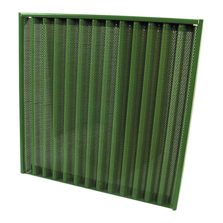 The Sparex Side Panel RH & LH (Sparex Part No. S.60817) is a green metal louvered panel with perforated sections, designed for ventilation or airflow control and is compatible with John Deere equipment.