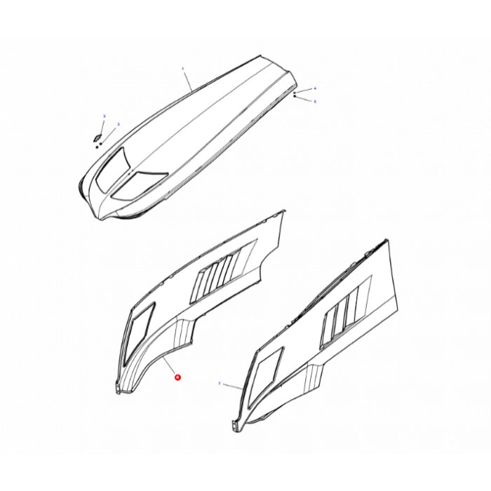 Diagram of three car body panels, including a hood (top) and two side panels (bottom). Arrows indicate attachment points, resembling the precision engineering found in AGCO's Massey Ferguson Side Panel R/H - ACW0216070 - ACW021607A.
