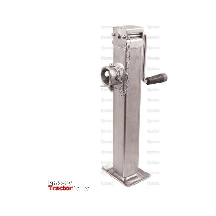 A vertical metal jack stand with a handle on the side and a hook attached by a chain, known as the Side Wind Parking Jack - S.28300 from Sparex. The Massey Tractor Parts logo is displayed in the lower-left corner, indicating manufacture information and suitability for various tractor models.