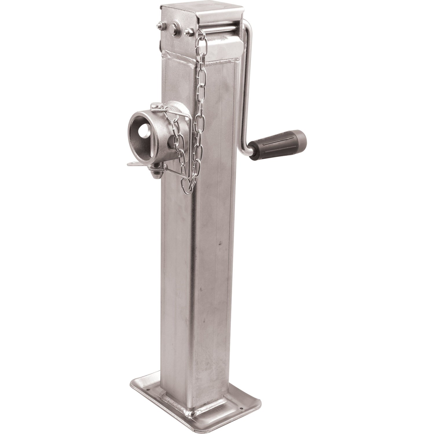 The Side Wind Parking Jack - S.28300 by Sparex is a metal trailer jack featuring a crank handle, chain, and mounting bracket, making it suitable for various applications.