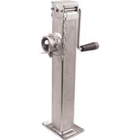 The Side Wind Parking Jack - S.28300 by Sparex is a metal trailer jack with a handle and crank mechanism, featuring a chain and mounting base, making it suitable for various types of trailers.