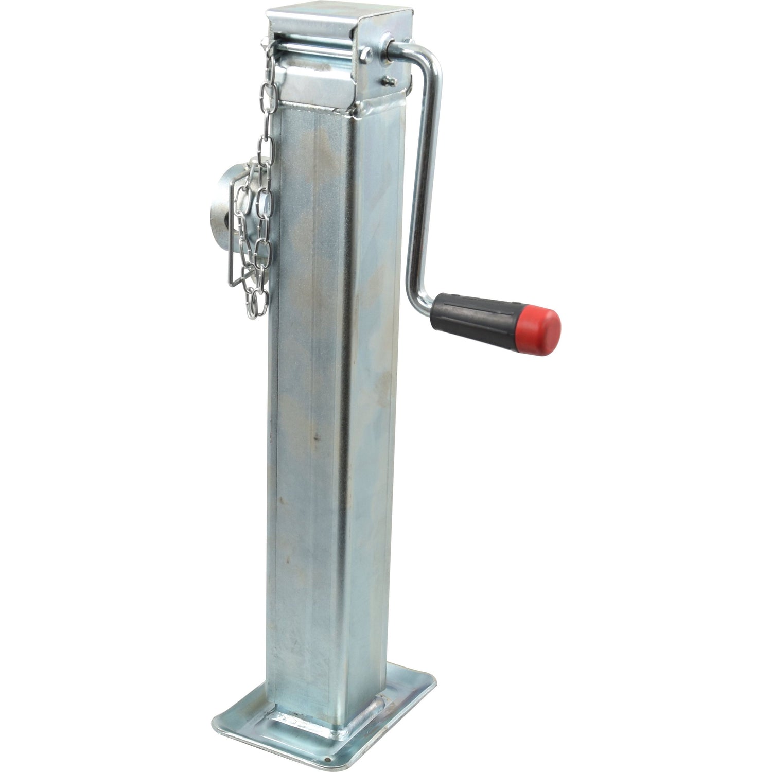 The Side Wind Parking Jack - S.28300 by Sparex is a metallic jack stand with a convenient crank handle on the side and a red-tipped grip. Its sturdy structure includes a base plate and an attached small chain, making it suitable for lifting vehicles while ensuring safety and stability during various maintenance tasks.