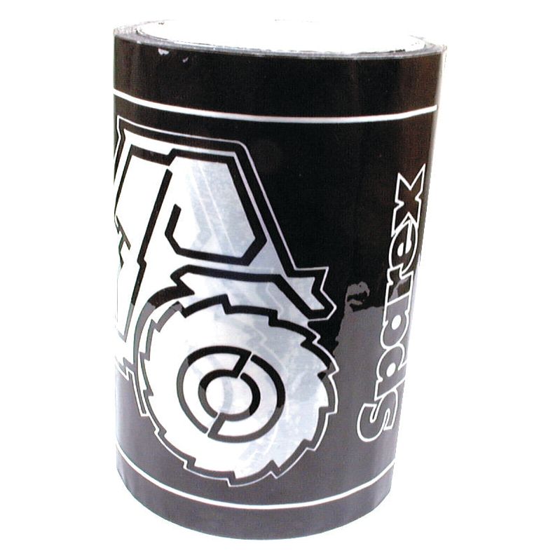 A black and white cylindrical box branded "Sparex" in bold letters, featuring an image of a tractor wheel and a reusable tab for easy access, contains Silage Patches (150 x 100mm) x 33m - S.14552. Ideal for repairing holes or tears in balewrap patches.