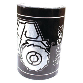 A black, cylindrical filter cartridge with the brand name "Sparex" and a partially visible gear-like graphic, reminiscent of a roll of Silage Patches (280 x 144mm) x 22m - S.14733 used for repairing holes in balewrap.