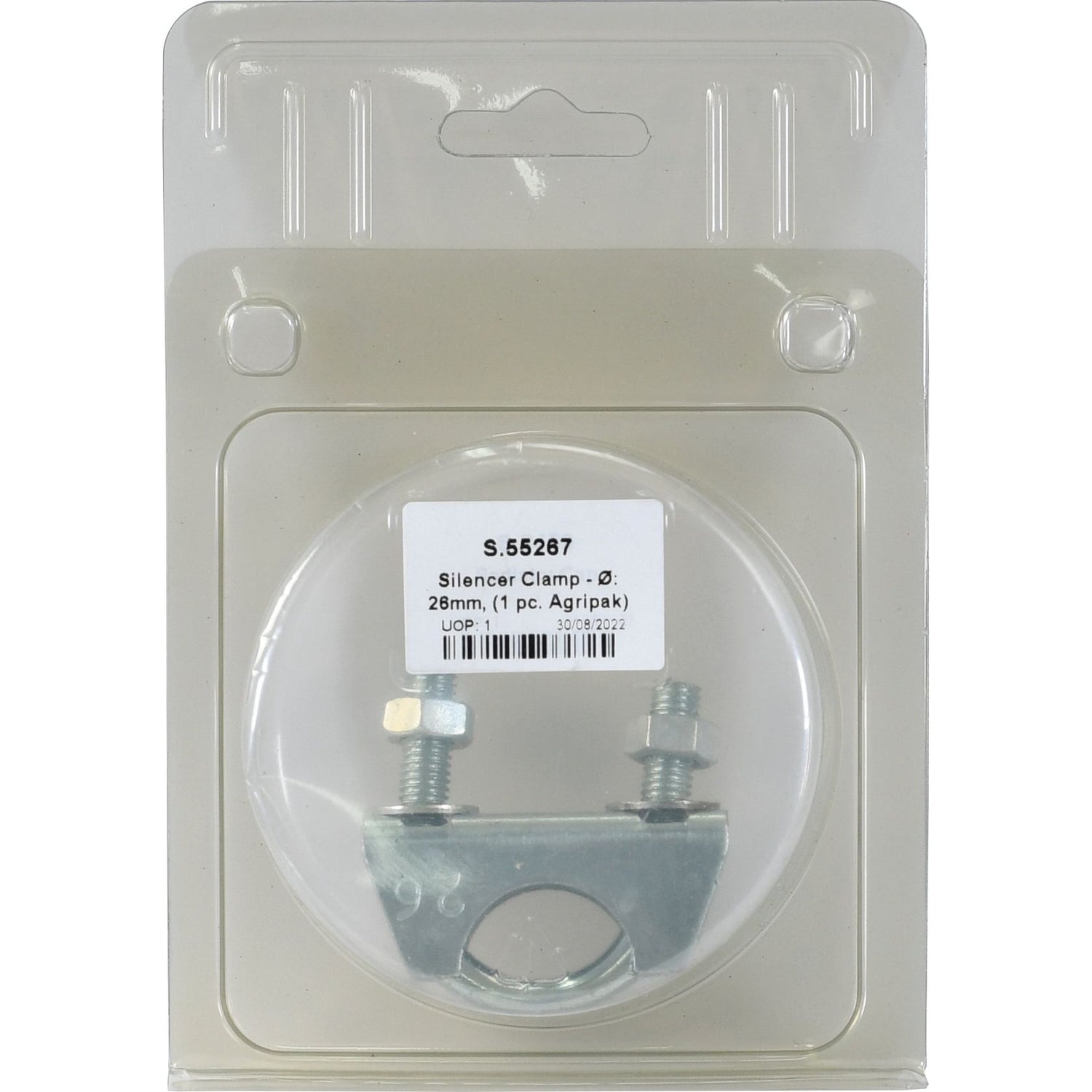 A packaged Sparex Silencer Clamp with a label reading "Sparex Silencer Clamp - Ø 26mm. (1 pc. Agripak) | Part No.S.55267." It includes a barcode and other product details. The clamp is silver with two bolts.