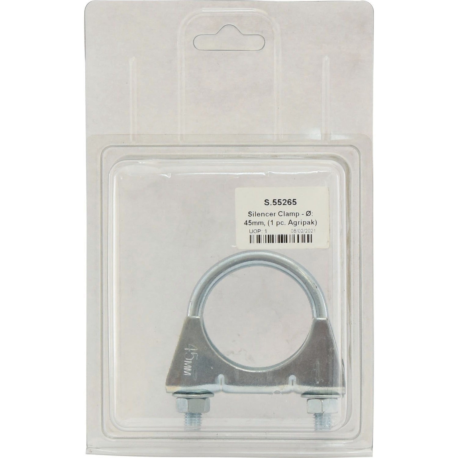 A metallic silencer clamp in a transparent plastic package with a cardboard backing. The clamp is labeled "Silencer Clamp - Ø: 45mm, (1 pc. Agripak)" with the Sparex Part No. S.55265 visible on the label, ideal for Long Tractor models.