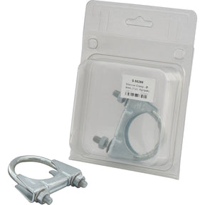 A packaged exhaust clamp, branded as a Sparex Silencer Clamp - Ø: 48mm (Sparex Part No. S.55266), is displayed with a metal U-bolt clamp, nuts, and cardboard backing. Another identical unpackaged exhaust clamp is placed in front.