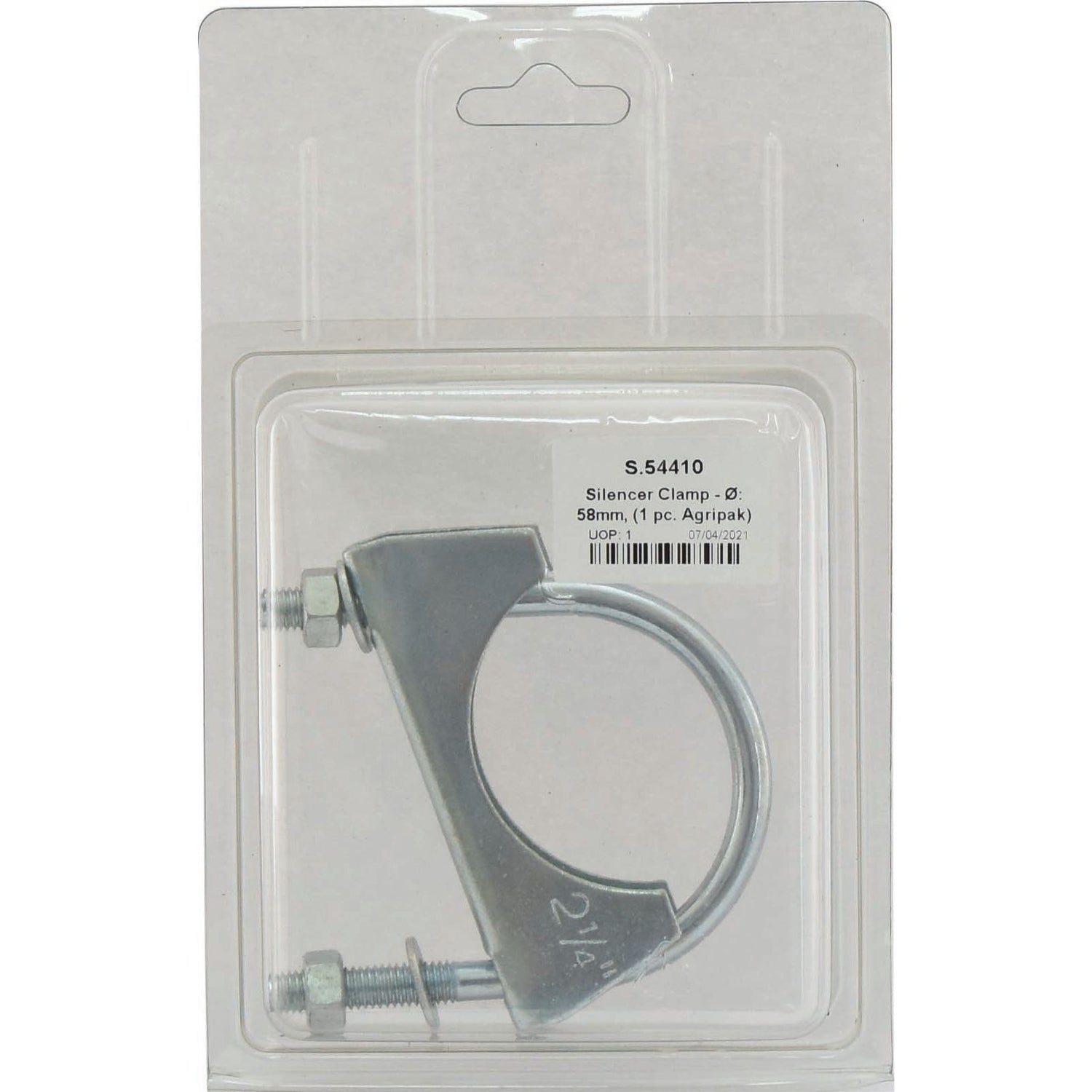 A packaged Silencer Clamp with a diameter of 58mm from Sparex. The clamp, identified by part number S.54410, is secured with two bolts and nuts, visible through the plastic packaging and clearly labeled with specifications.