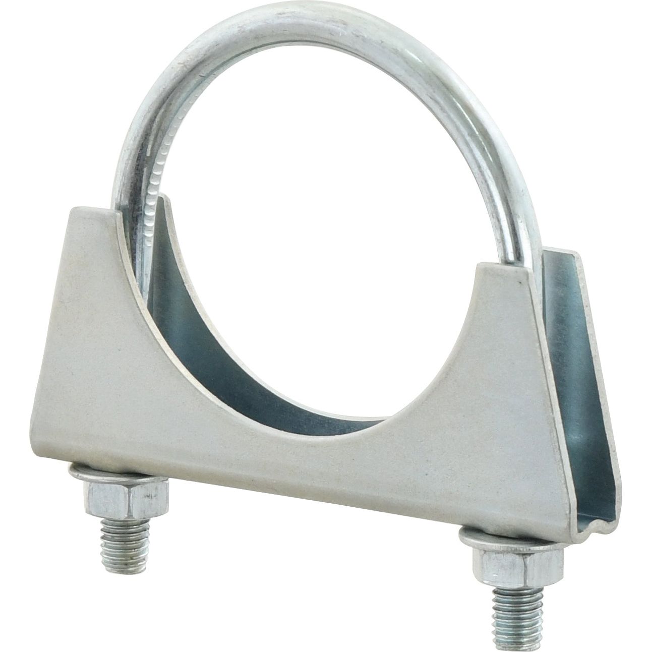 A metal U-bolt with nuts and a saddle, designed for securing pipes or tubing, is displayed against a white background. This versatile Silencer Clamp Ø: 66mm (Sparex Part No. S.8883) from Sparex is compatible with Massey Ferguson and Landini machinery, ensuring reliable performance in agricultural applications.