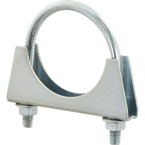 A metal U-bolt with nuts and a saddle, designed for securing pipes or tubing, is displayed against a white background. This versatile Silencer Clamp Ø: 66mm (Sparex Part No. S.8883) from Sparex is compatible with Massey Ferguson and Landini machinery, ensuring reliable performance in agricultural applications.