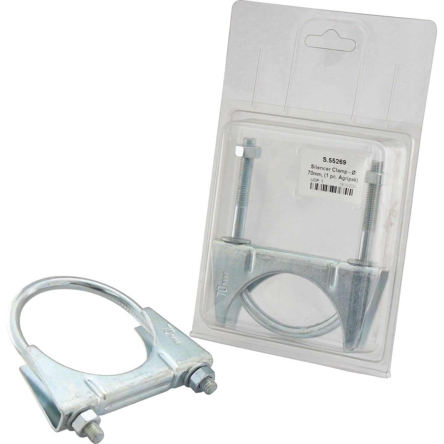 A Sparex Silencer Clamp (Ø: 70mm, Part No. S.55269) is shown both in use and in its Agripak packaging. The clamp features two bolts and a circular band, and is designed for Massey Ferguson agricultural machinery.